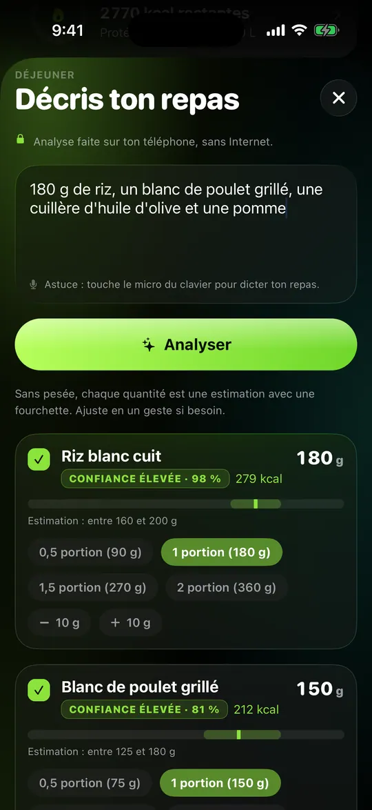 Analyse photo d’un repas réalisée sur le téléphone dans Fitlyo, avec fourchettes de portions