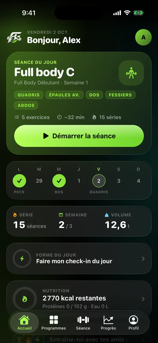 Écran d’accueil de l’application Fitlyo : séance du jour, nutrition et progression