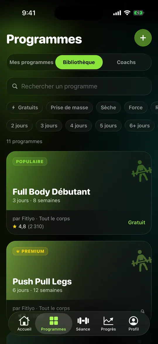 Bibliothèque de programmes de musculation dans Fitlyo